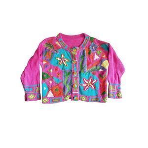 Floral Embroidered Knit Pink Sweater with Beaded Buttons